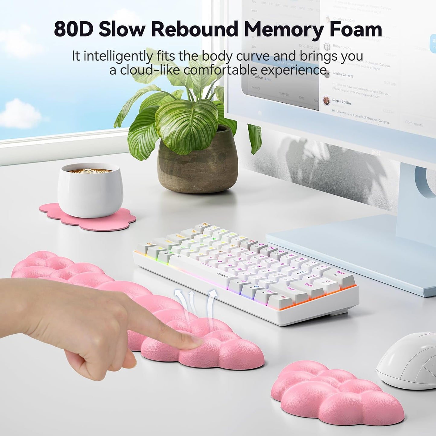 TECKNET Cloud Keyboard Wrist Rest Set, Cloud Wrist Rest with Non-Slip Base, PU Leather Wrist Pad for Keyboard with Ergonomic Memory Foam for Computer Laptop Office Gaming and Pain Relief, White