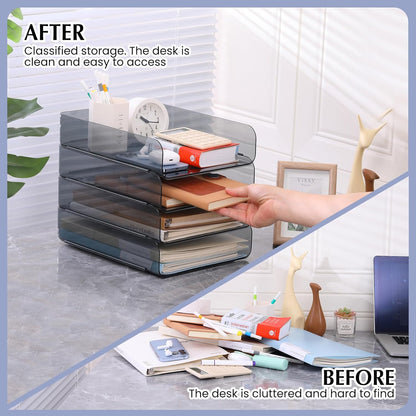 CiWiVOKi 2 Pack Stackable Paper Tray Organizer, Clear File Organizer for Desk, Office Organizer and Storage for Desk Accessories, Notes, Books, File Paper, Document, Black