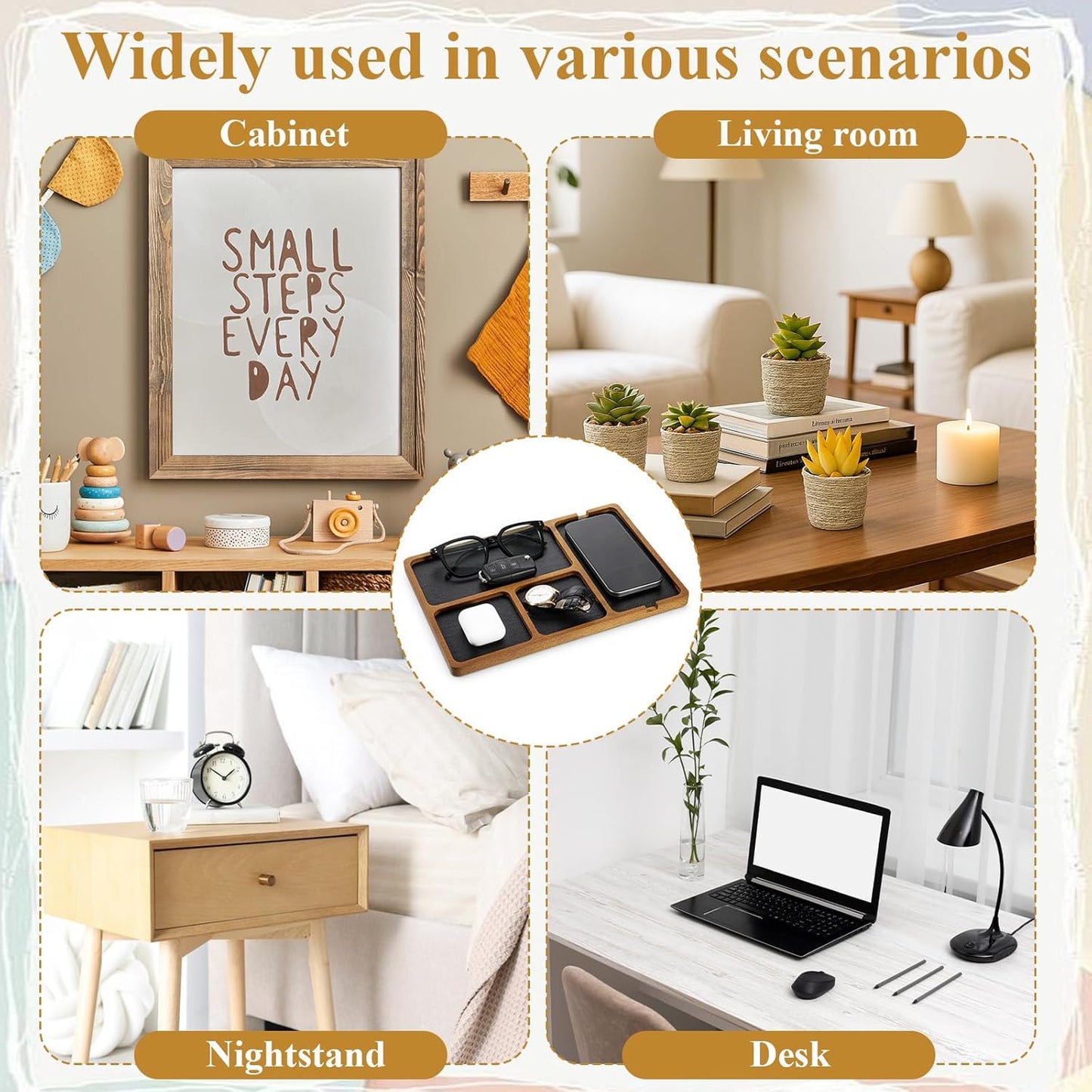 Walnut Wooden Valet Tray for Men, PU Leather Inlay Nightstand Organizer, Bedside Table Tray with Cable Slot for Keys, Phone, Watch, Jewelry