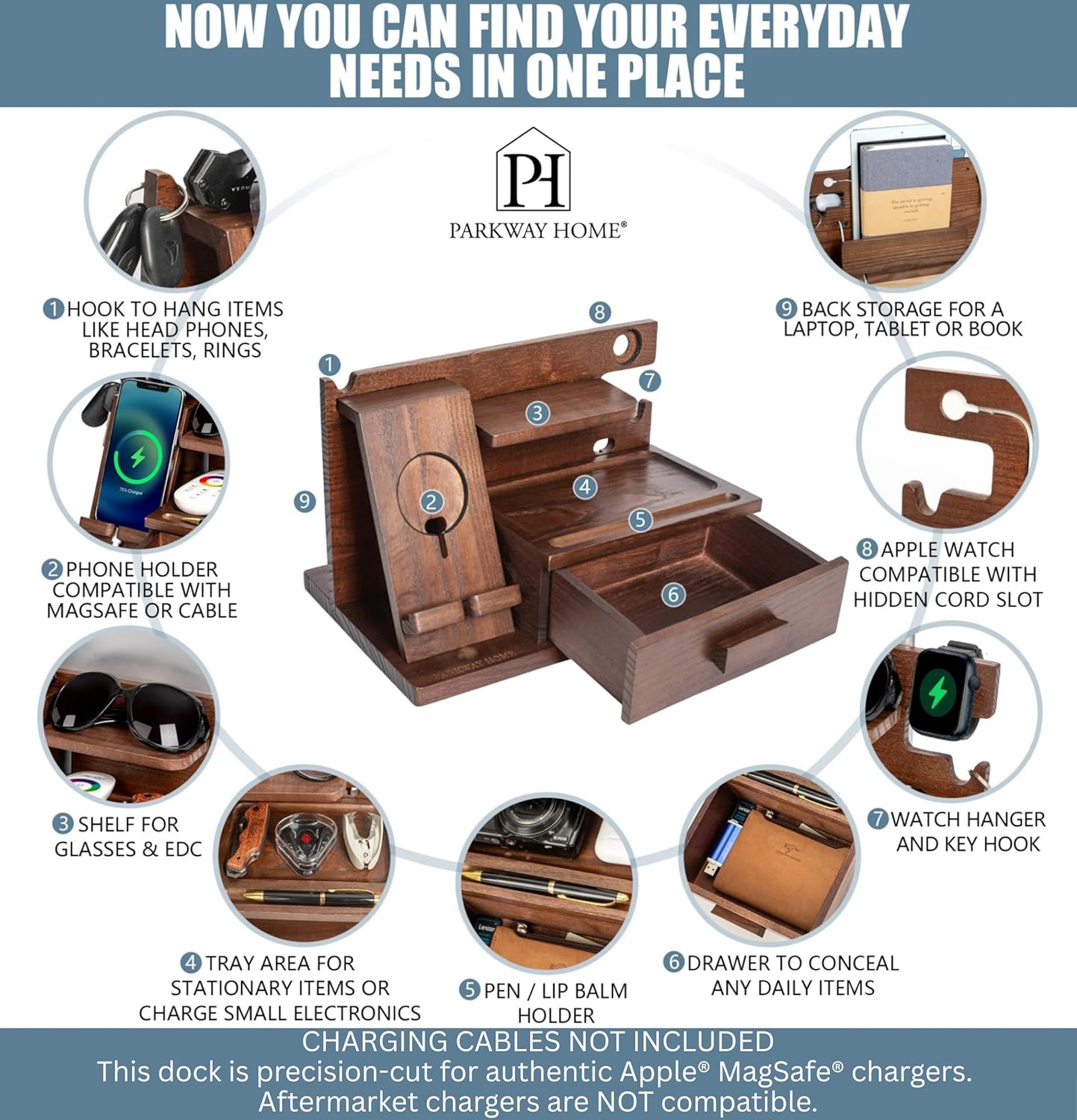 Parkway Home Wood Phone Docking Station with Drawer, Compatible with Apple Watch - Wood Charging Station Organizer Stand, Bedside Nightstand Organizer for Men, Holds Phone, Tablet, Keys, Glasses, EDC
