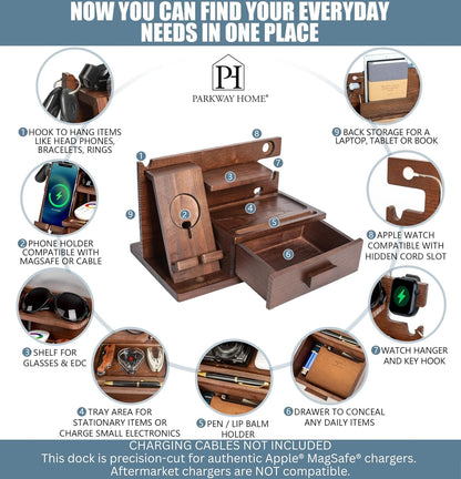 Parkway Home Wood Phone Docking Station with Drawer, Compatible with Apple Watch - Wood Charging Station Organizer Stand, Bedside Nightstand Organizer for Men, Holds Phone, Tablet, Keys, Glasses, EDC