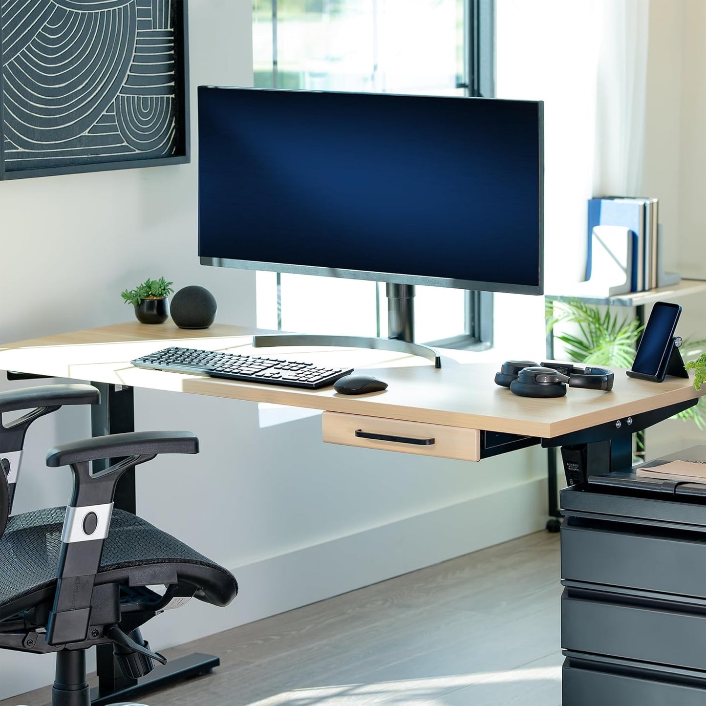 VIVO 13 inch Under Desk Mounted Sliding Pull-out Drawer for Office Desk, Pull Handle, Storage Organizer for Sit Stand Workstation, Black, DESK-DR1H-B