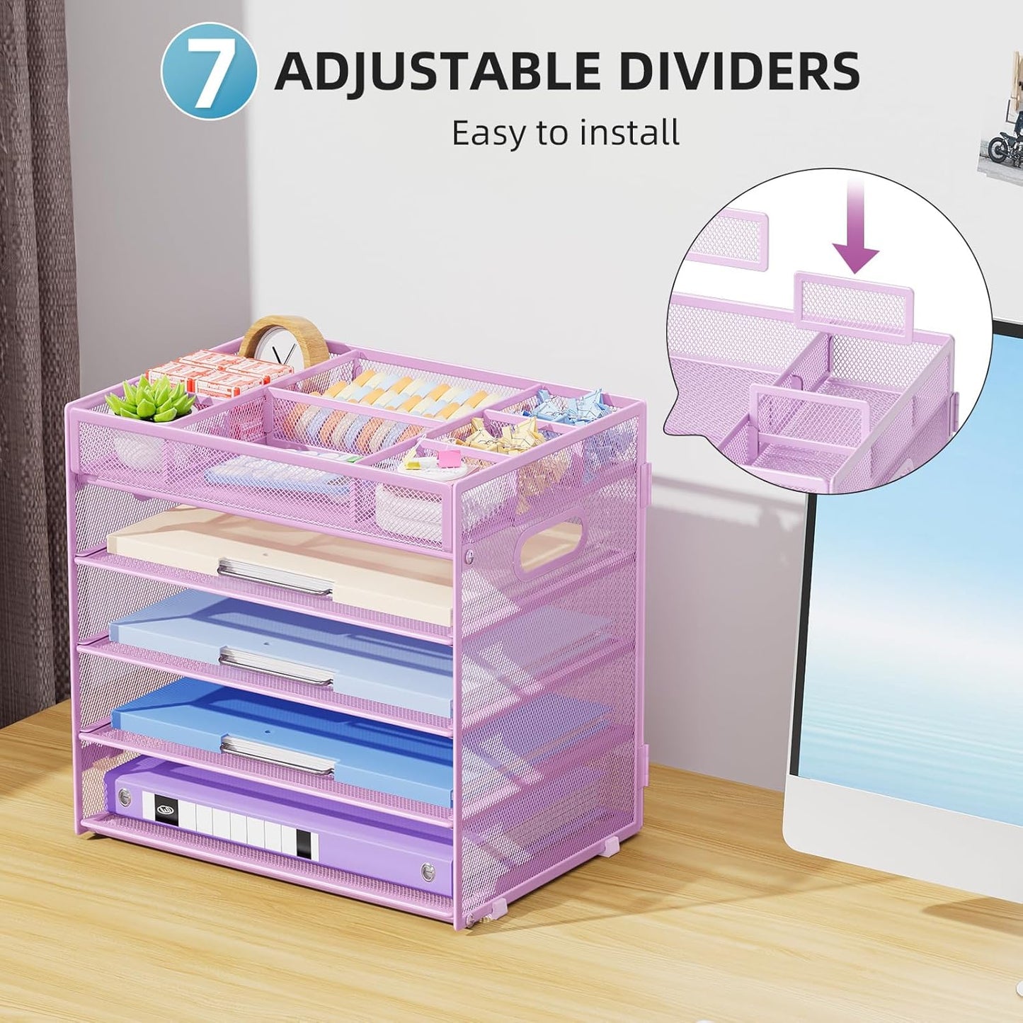Marbrasse 5-Tier Letter Tray Paper Organizer with Handle, Multi-Functional Mesh File Organizer for Desk, Adjustable Compartments Mesh Desktop Storage for Office Supplies,Black