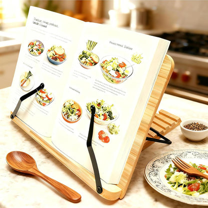 Cookbook Stand for Kitchen Counter, 5-Level Adjustable Elegant Bamboo Recipe Book Holder, All-in-One Design Locks Flat for Easy Storage, Holds 1 inch Thick Books for Cooking, Working, and Studying