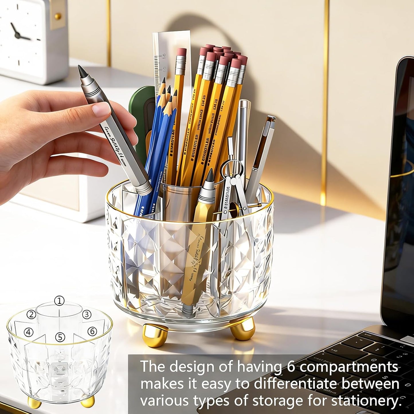 GOTOBA Dark Green Pen Pencil Holder for Desk, 360° Rotating Pen Organizer, Green Office Supplies, Cute Pen Holder, 6-Compartment Pencil Holder Rotating