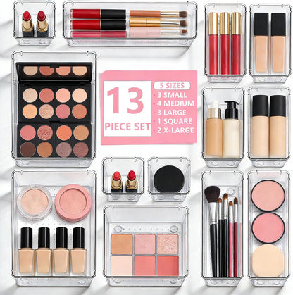 Clear Drawer Organizers Set of 13, 5-Size Vanity Organizer Trays, Stackable Bathroom & Desk Drawer Organizer for Makeup, Jewelry, Kitchen Utensils, Office Supplies and Small Gadgets Storage