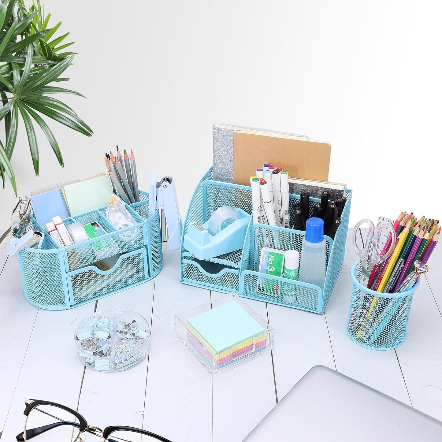 17 in1 Silvery Desk Organizers and Accessories Set, 3 Office Desk Supplies Storage Organization, 4 Pens, Stapler, Staples & Remover, Tape & Dispenser, Scissors, Ruler, Clips, Hole Punch Back to School