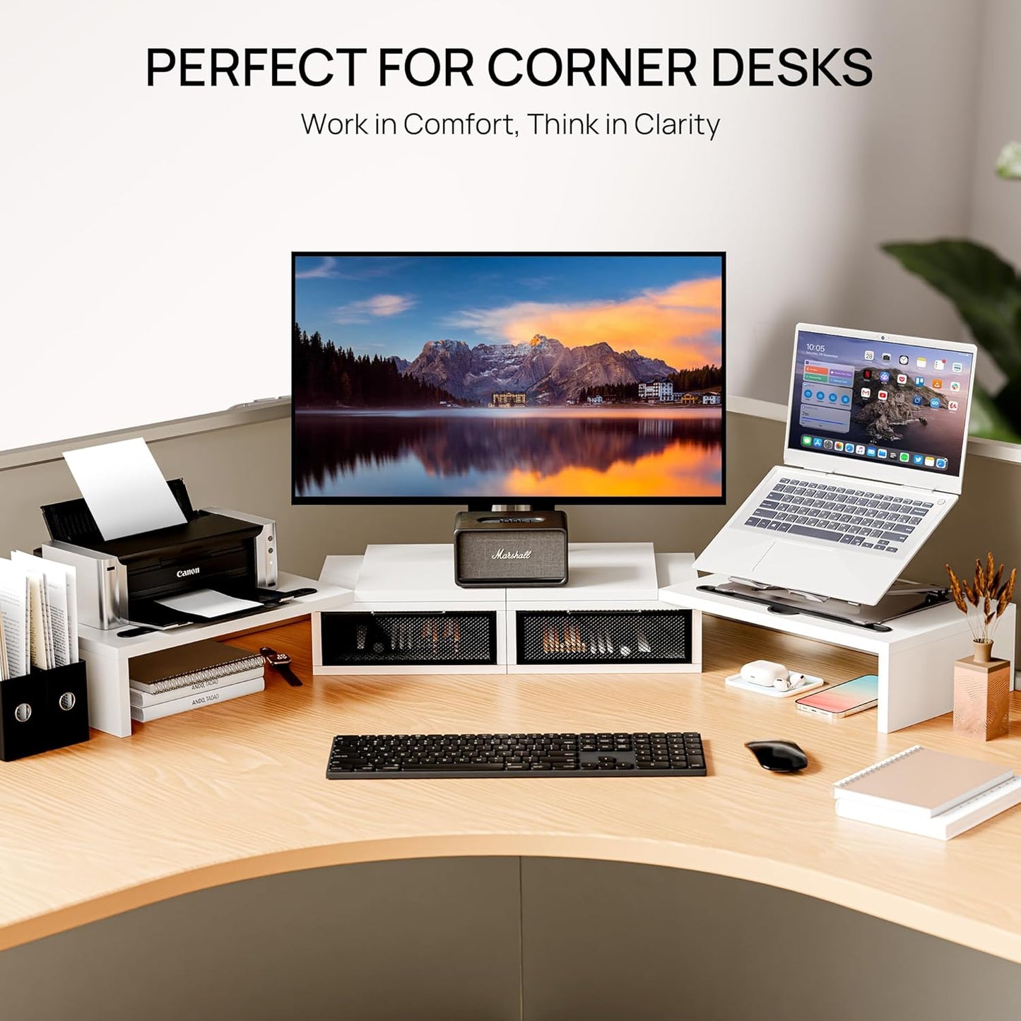 ZIFTY Dual Monitor Stand Riser for 3 Monitors, Desk Organizer with 2 Drawer and Smartphone Holder, Adjustable Length & Angle Workspace Organizers for Monitors Laptop Printer Computer, White