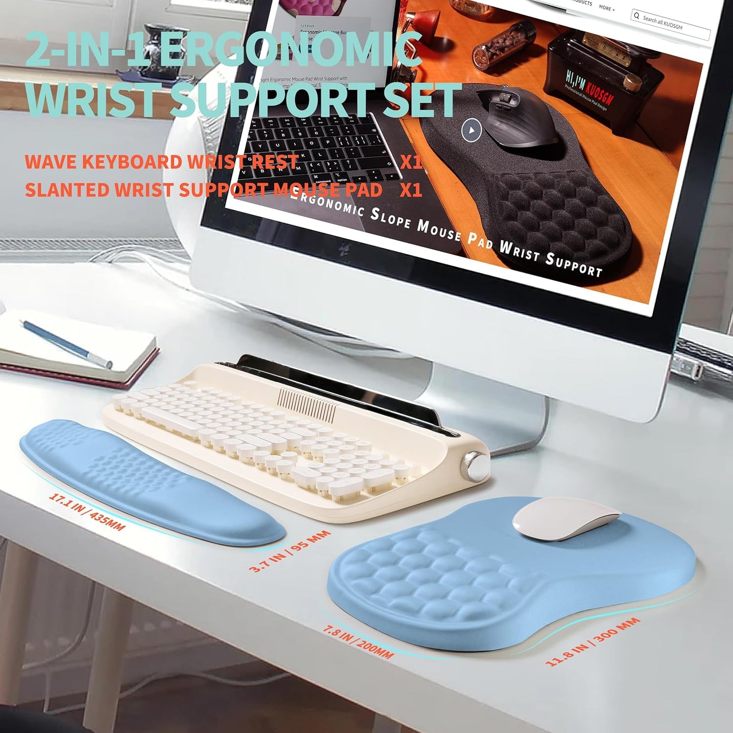 2-in-1 Ergonomic Set, Wave Rise Keyboard Wrist Rest and Massage Bulge Slope Mouse Pad Wrist Support, Cushion Memory Foam Integrated to Relieve Wrist Pain, Black