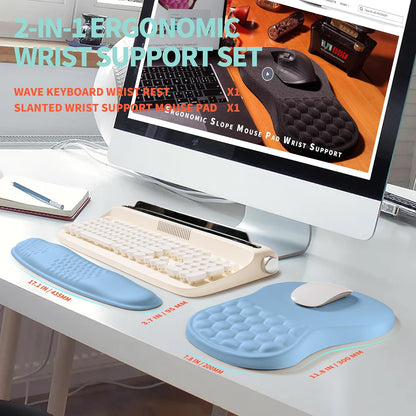 2-in-1 Ergonomic Set, Wave Rise Keyboard Wrist Rest and Massage Bulge Slope Mouse Pad Wrist Support, Cushion Memory Foam Integrated to Relieve Wrist Pain, Black