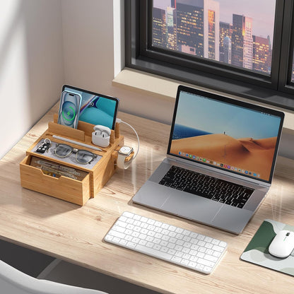 Pezin & Hulin Bamboo Charging Station for Multi Device with 5 USB Charger HUB, Phone Docking Station with Lined Tray & Drawer(Include 5 Charger Cables)-Black
