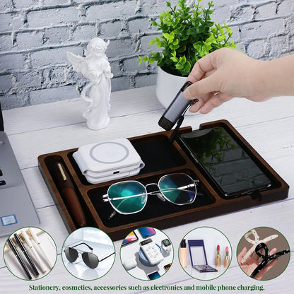 MultiBey Acacia Wood Valet Tray Nightstand Organizer, Wooden Valet Trays for Men Women, Wood Desk Organizer Drawer, EDC Essentials Catchall Tray for Phones, Watch, Pens, Keys