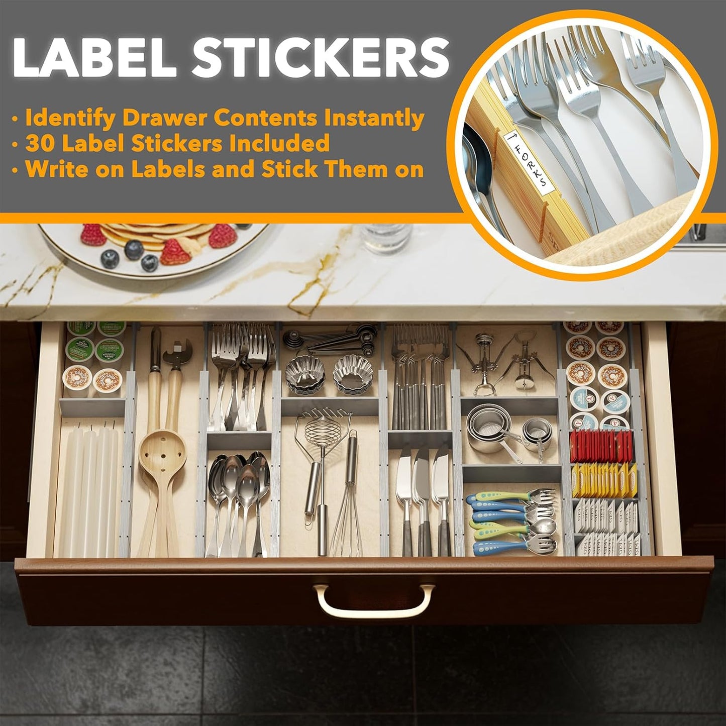SpaceAid Bamboo Drawer Dividers with Inserts and Labels, Kitchen Adjustable Drawer Organizers, Expandable Organization for Home, Office, Dressers, 4 Dividers with 9 Inserts (17"-22" Natural)
