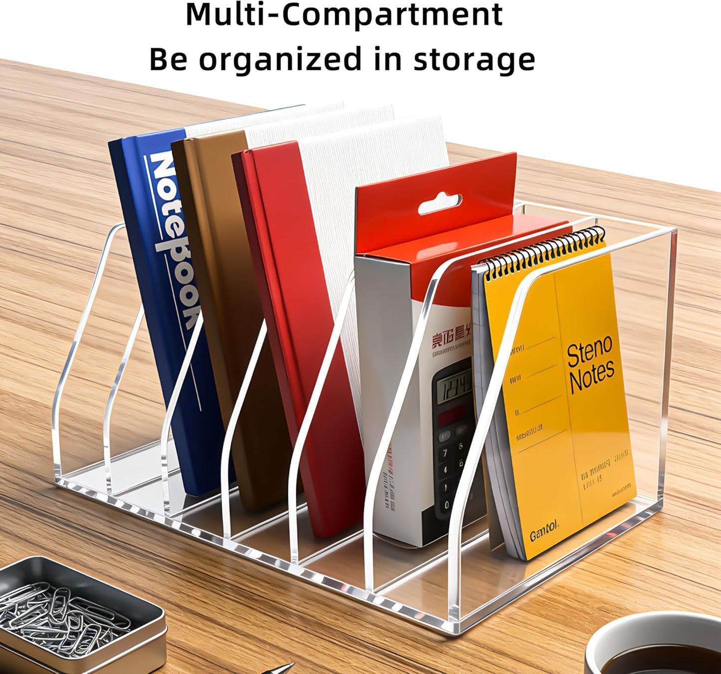 Acrylic Magazine File Holder, 4 Vertical Compartments Desk Document Sorter Organizer, Clear Folder Rack Binder for Office, Documents, Tablets, Magazines, Books – Home/Classroom Rack