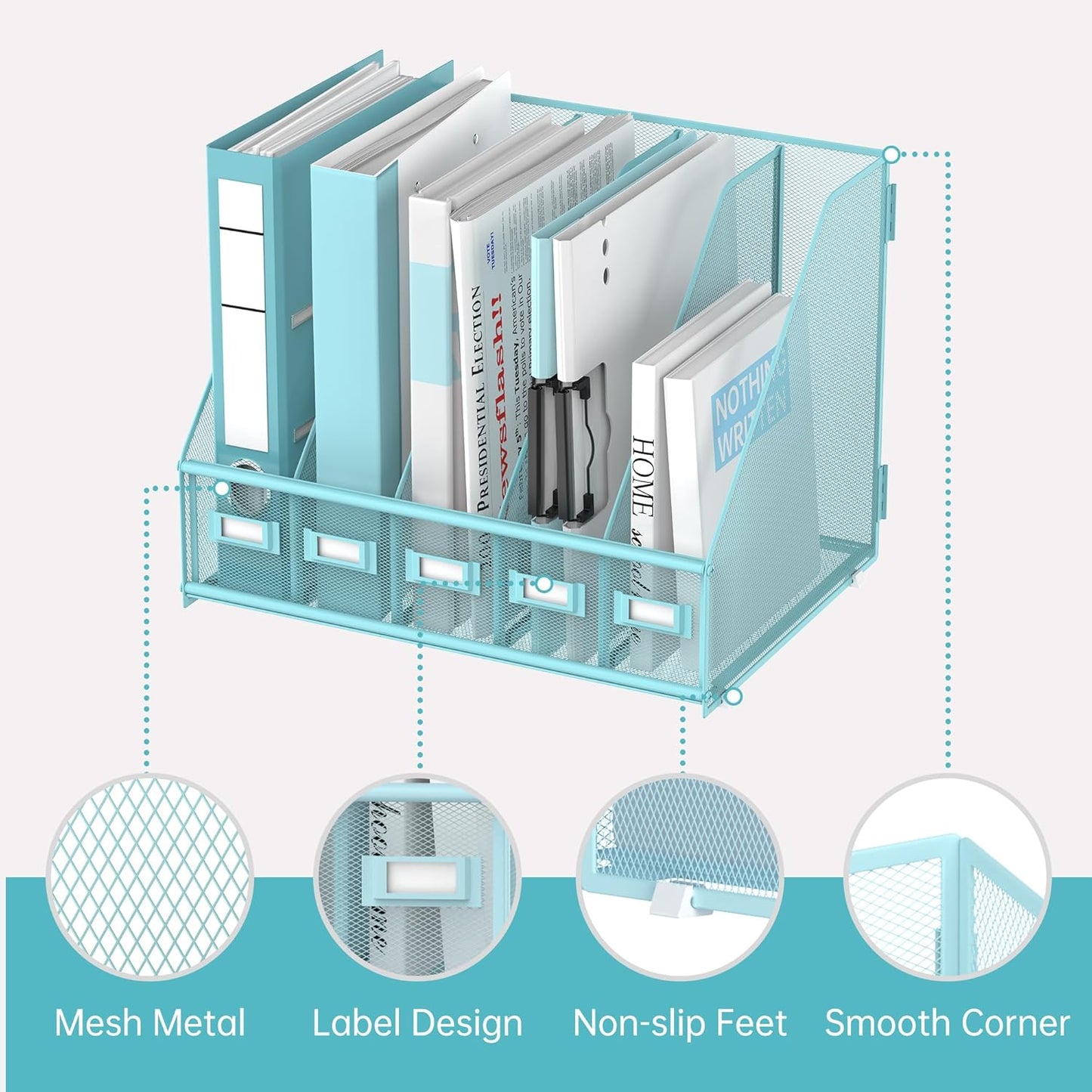 SUPEASY Desk Organizers Metal Desk Magazine File Holder with 5 Vertical Compartments Rack File Organizer for Office Desktop, Classroom, Home Workspace, Black