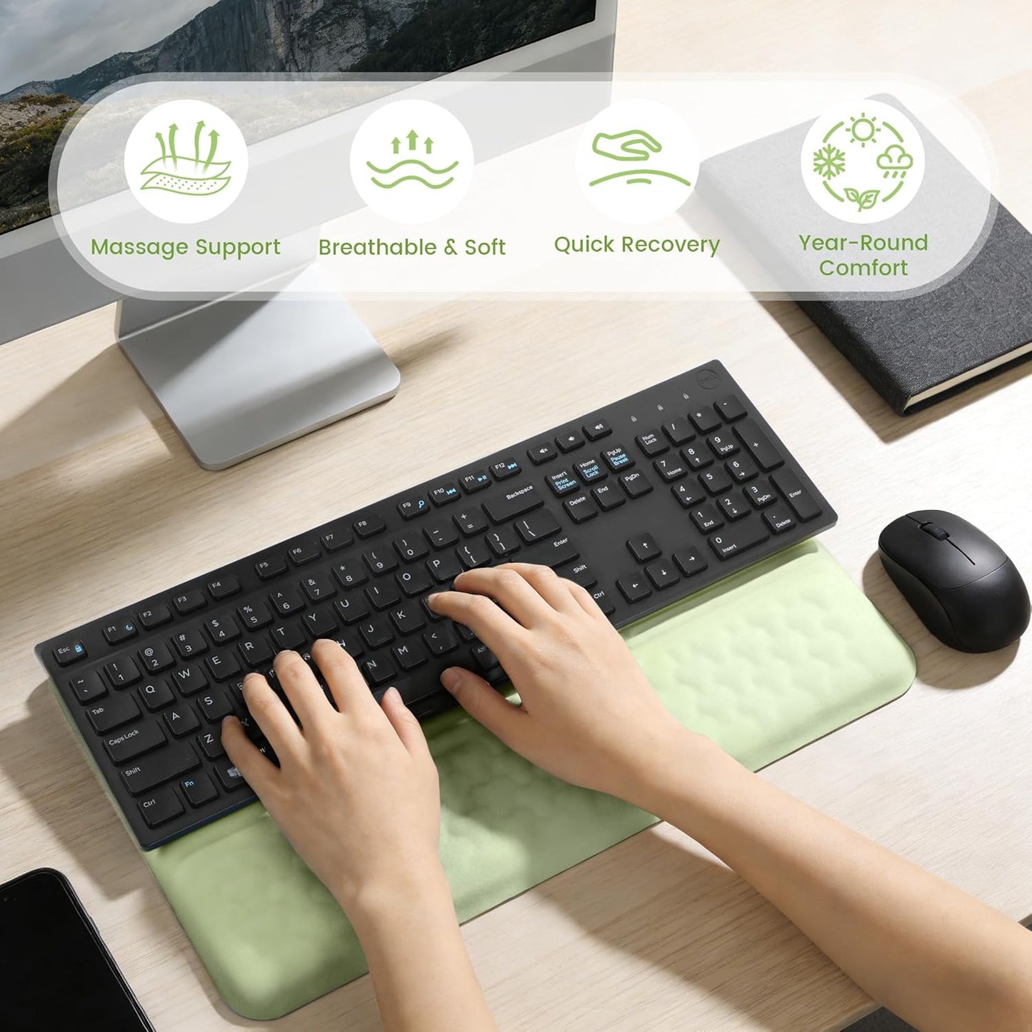 Keyboard Wrist Rest with Ergonomic Height - Computer Keyboard Stand & Soft Cushioned Pad for Wrist Pain Relief - Non-Slip Typing Support for Office, Gaming & Home (Black)