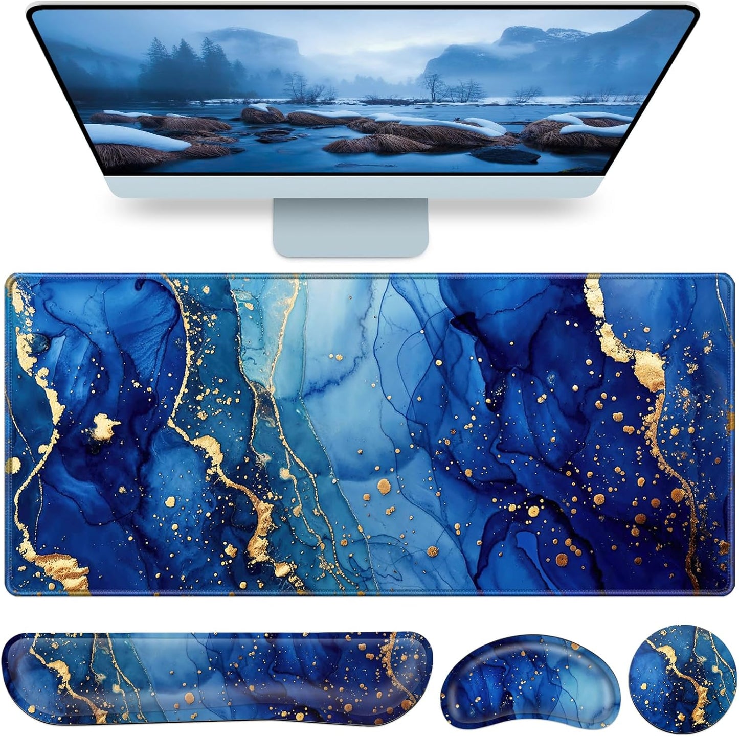 Desk Mat, Large Gaming Mouse Pad with Wrist Rest, 4in1 XXL Mousepad+Keyboard Wrist Rest+Mouse Pad Wrist Support+Cup Coaster Set Ergonomic Floral Computer Desk Arm Wrist for Decor Home Office Women