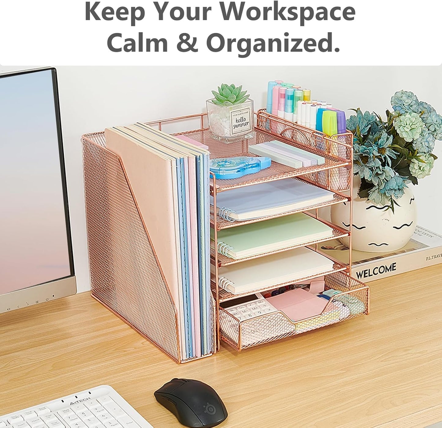 Desk Organizer, 5-Tier Paper Letter Tray Organizer with File Holder, Drawer and Pen Holder, Desktop Organizer for Office Supplies, Black