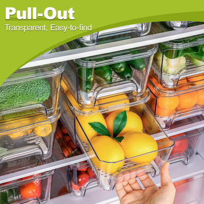 6-Pack Fridge Drawer Organizer, Pull-out Stackable Refrigerator Organizers and Storage, Clear Fruit Storage Containers Bins with Drain Tray for Kitchen Cabinet, Pantry Organization