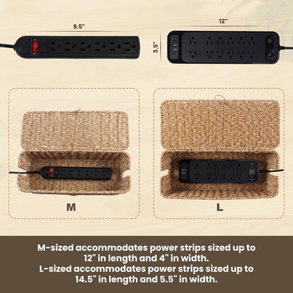 BROWNLILY Cable Management Box, Rattan Style Cord Organizer for Desk Cord Hider Outlet Covers Baby Proofing for Power Strip TV PC Router Charger Under Desk Storage with Lockable Lid and Cable Ties
