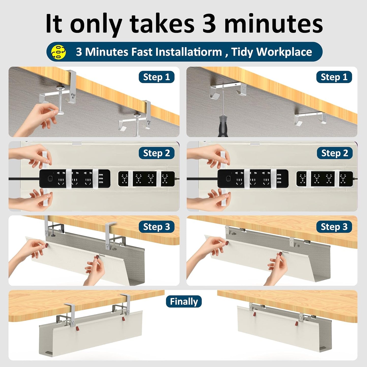 Under Desk Cable Management Tray - Under Desk Cord Management - Clamp/Screw Mount - Fabric Wire Management - Cable Raceways Tray Cord Hiders for Office/Home (Black, 35.8"×5.6")