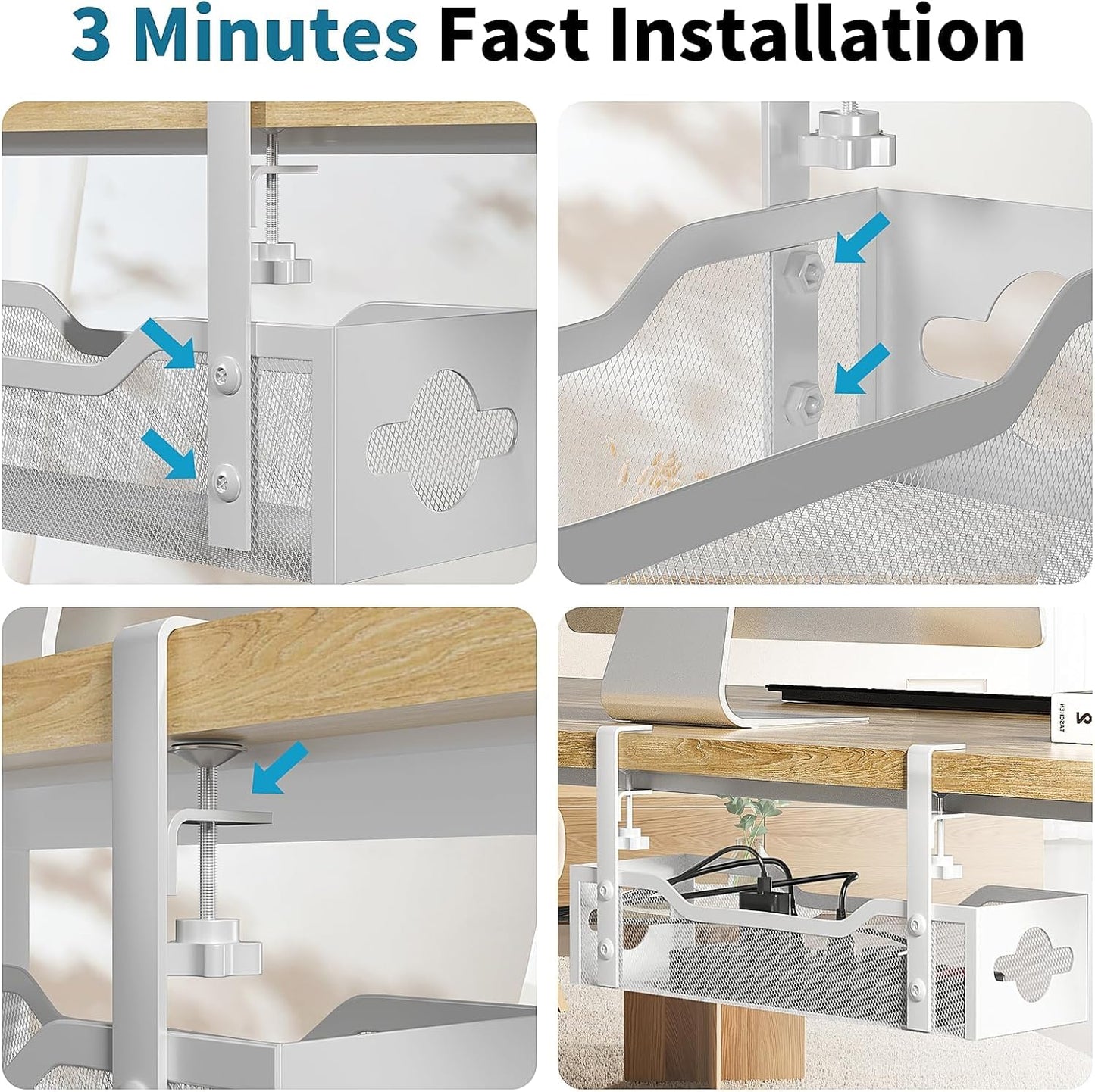 Under Desk Cable Management Tray No Drill, Metal Mesh Cable Management Under Desk with Clamp Mount, 2 Hole Cable Tray with Wire Management and Cord Organizer for Home Office Standing Desk