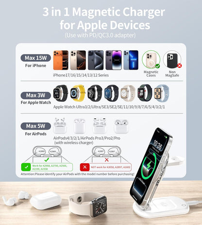 3 in 1 Magnetic Wireless Charging Station for Apple Devices, Fast Foldable Travel Mag-Safe Charger Stand with Night Light for iPhone 17 16 15 14 13 12 Series, Apple Watch/AirPods Pro, BU