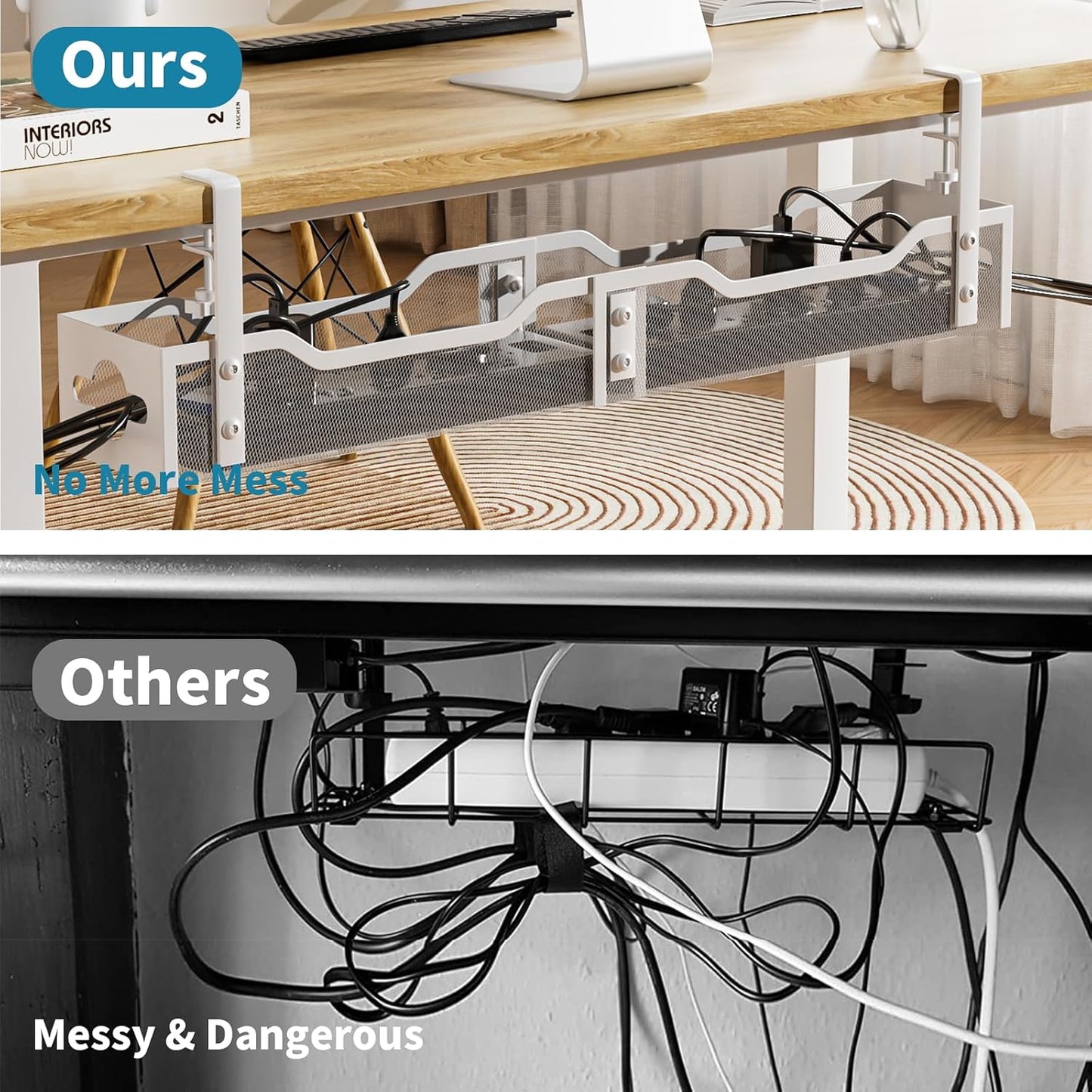 Under Desk Cable Management Tray No Drill, Metal Mesh Cable Management Under Desk with Clamp Mount, 2 Hole Cable Tray with Wire Management and Cord Organizer for Home Office Standing Desk
