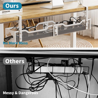 Under Desk Cable Management Tray No Drill, Metal Mesh Cable Management Under Desk with Clamp Mount, 2 Hole Cable Tray with Wire Management and Cord Organizer for Home Office Standing Desk