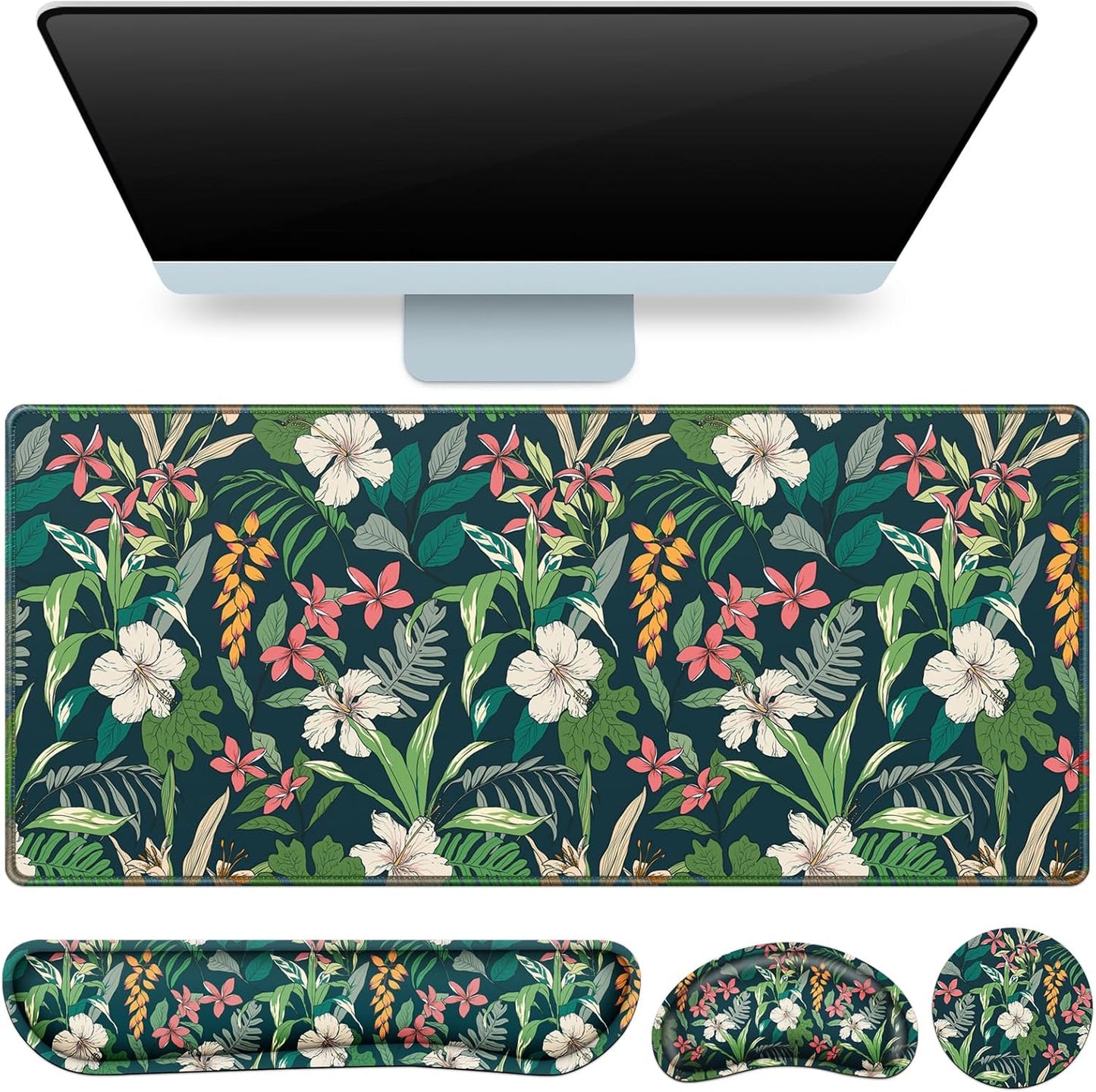 Desk Mat, Large Gaming Mouse Pad with Wrist Rest, 4in1 XXL Mousepad+Keyboard Wrist Rest+Mouse Pad Wrist Support+Cup Coaster Set Ergonomic Floral Computer Desk Arm Wrist for Decor Home Office Women