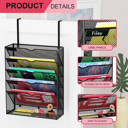 Wall File Organizer Holder Mesh Hanging Paper Document Holder,Vertical 6 Pocket Tier for Office Home, Black