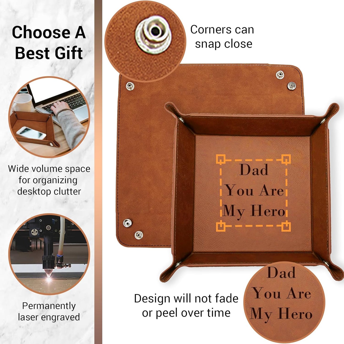 Personalized Valet Trays, Custom Engraved Leather Keys Tray for Men - Catchall Tray Organizer for Entryway Table, Unique Dad Birthday Gift from Daughter Son, Father Day (Custom Text)