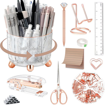 Gold Desk Accessories, Office Desk Organizers and Accessories 360°Pen Holder Acrylic Stapler Set, Phone Holder, Ballpoint Pen, Scissor, Binder Clips, Ruler, Transparent Glue, Sticky Note and Staples.