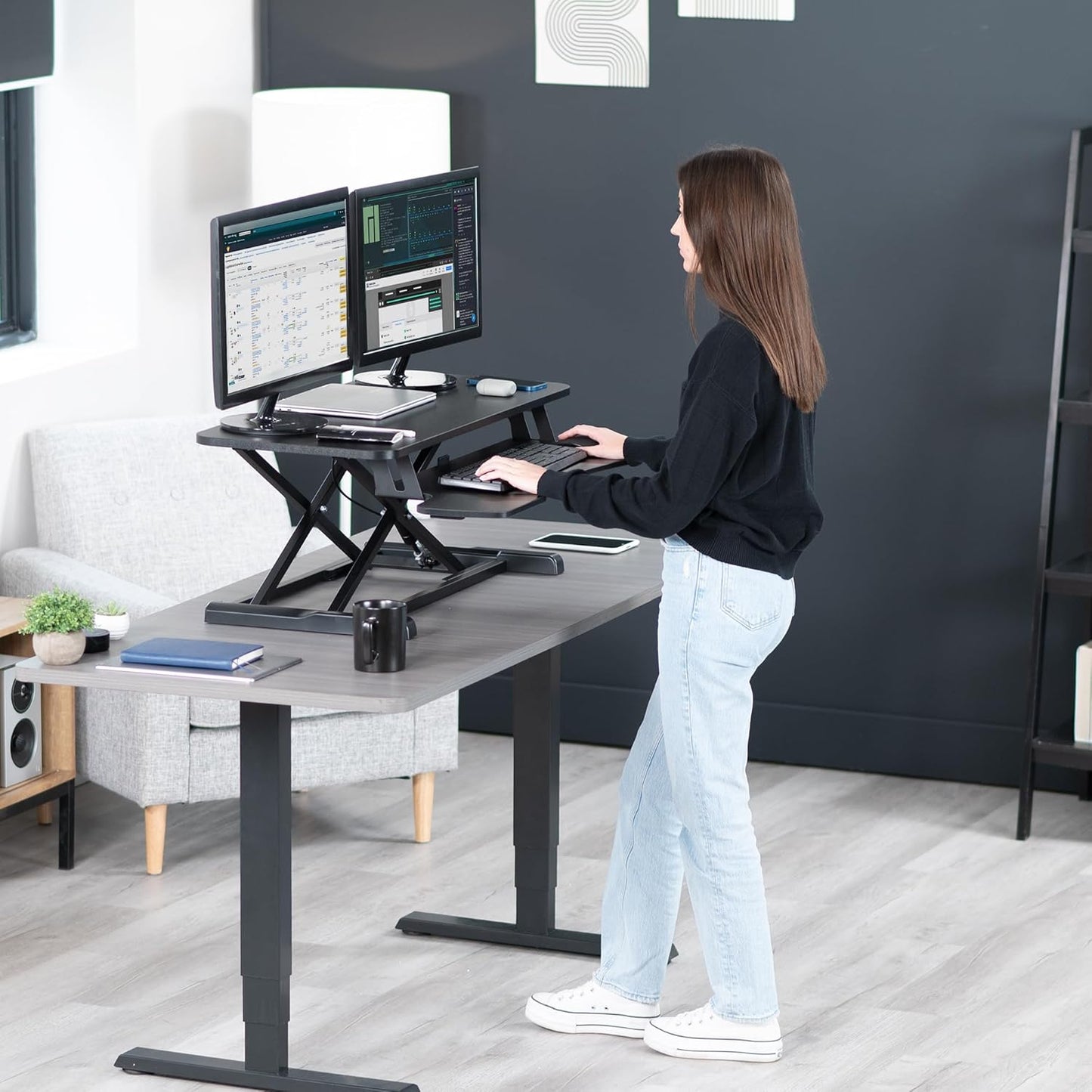 VIVO 26 inch Desk Converter, K Series, Height Adjustable Sit to Stand Riser, Dual Monitor and Laptop Workstation with Keyboard Tray, Black, DESK-V026KB
