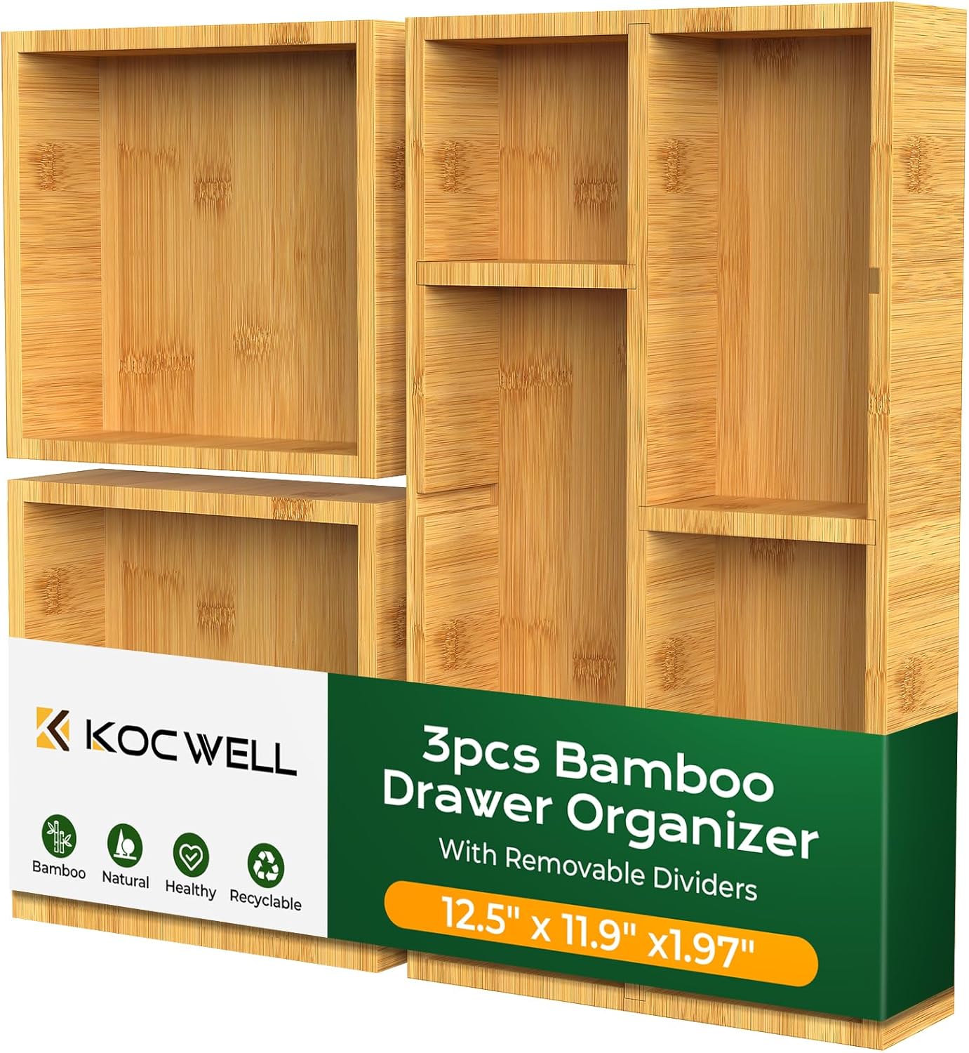 KOCWELL Bamboo Desk Drawer Organizer with Removable Dividers,Multi-Use Office Drawer Organizer Tray,Junk Drawer Organizers for Office,School,Kitchen,Makeup Supply（Original）
