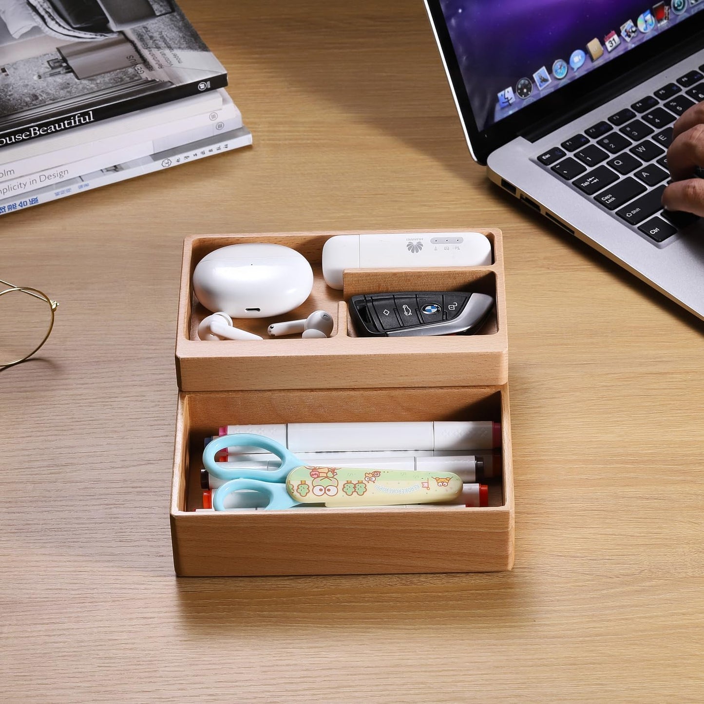 Valet Tray Box, Walnut Wooden Storage Box, Office Desk Daily Supplies Organizer