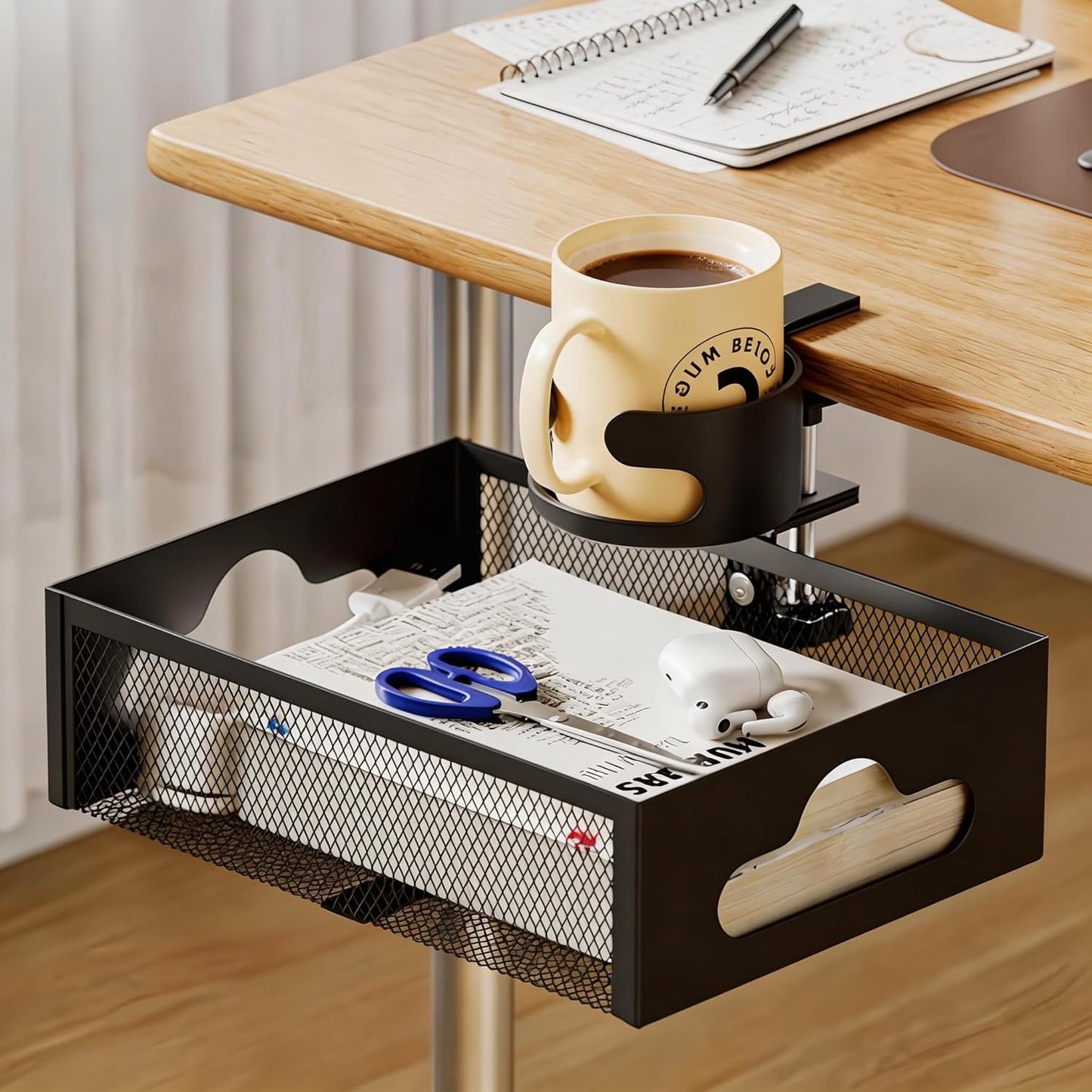Clamp-On Under Desk Organizer with Cup Holder, 360° Rotating Mesh Drawer with Cable Hole, No-Drill Desk Drawer Organizer for Gaming Desk Accessories, Office Supplies, Coffee Mug, Dorm(2 in1)