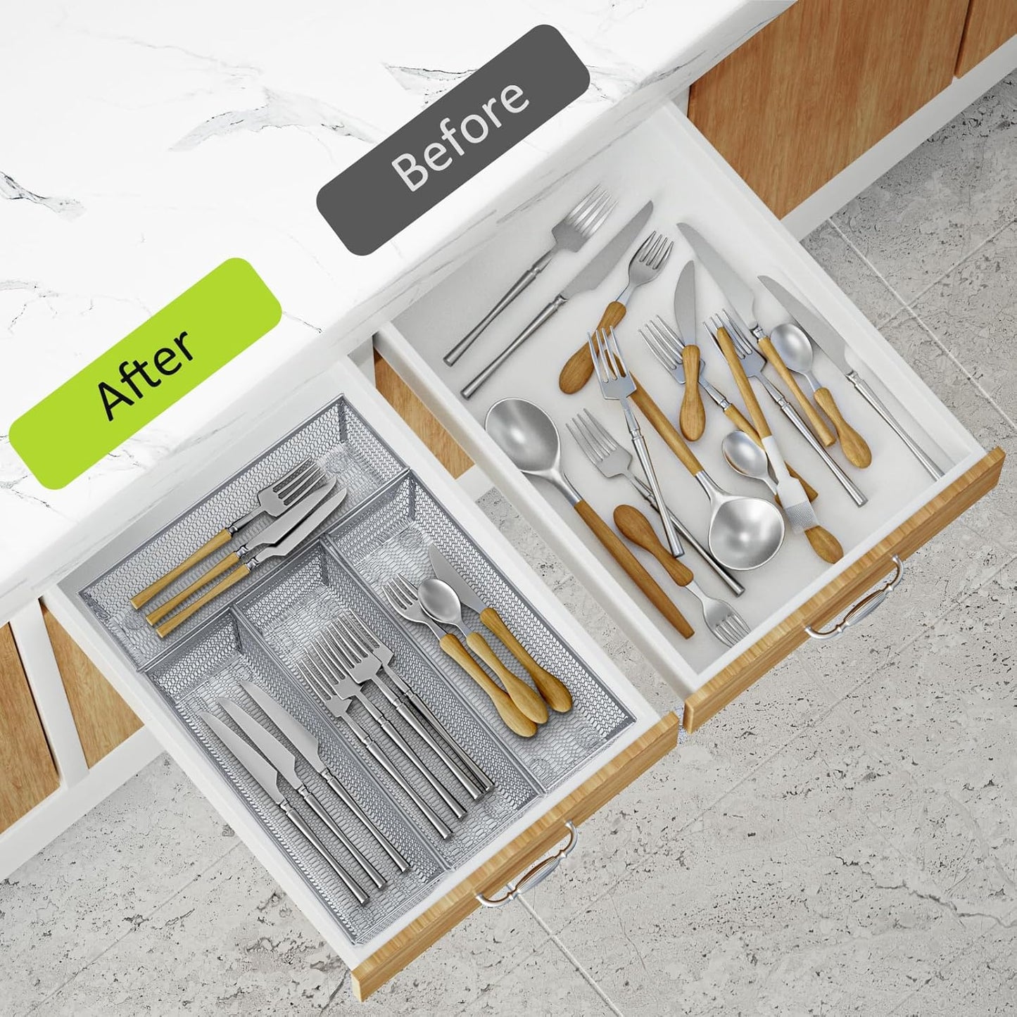 Neudeco Drawer Organizer Set 6 Pack - 5-Compartment Silverware Organizer Tray + 5 Utensil Trays, Kitchen Drawer Organizer for Flatware, Cutlery, Office Supplies, Black Mesh, Non-Slip.