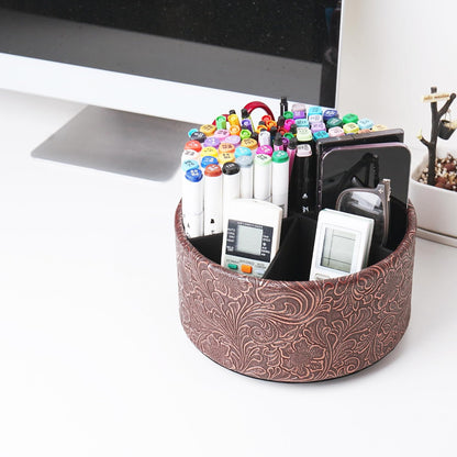 lizimandu Round Leather Art Supply Organizer,Remote Control Holder,360 Degree Spinning,Multi-Functional Pencil Holder,4 Compartments Desktop Stationary Organizer(1-Gold) - Colors B