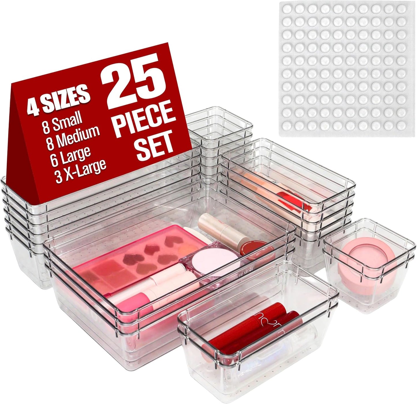 25 PCS Clear Plastic Drawer Organizers Set – Non-Slip Bin Set with Adhesive Dots, Versatile Acrylic Trays for Makeup, Jewelry, Vanity, Kitchen Gadget or Office Desk, Bathroom Stable Storage Container