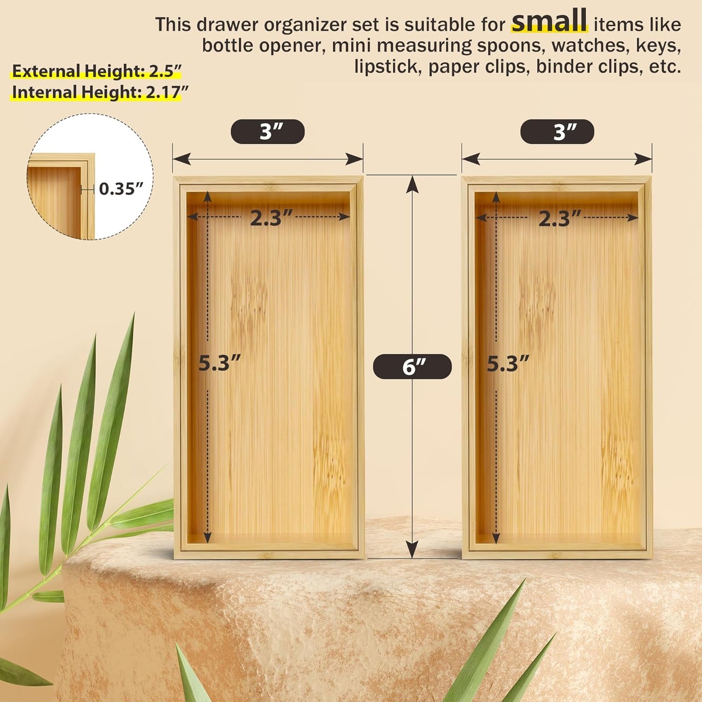 Kitchen Drawer Organizer Bins, Stackable Bamboo Drawer Organizer for Silverware, Flatware, Coffee Pod Organizer K Cup Holder for Countertop, 2 Pcs Coffee Station Organizer 12" x 6" x 2.5"