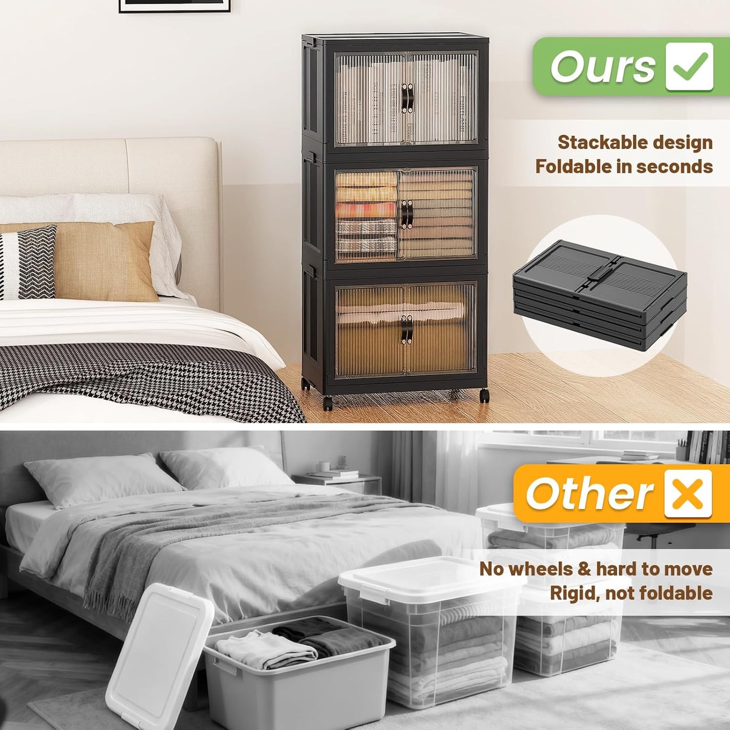 SAILUN 145Gal/580Qt Collapsible & Stackable Storage Bins with Door & a Lid,Perfect for Blanket Storage, Pillow Organizer, Bedroom Closet & Living Room, Black 26" W x 17" D x 71" H