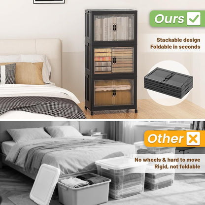 SAILUN 145Gal/580Qt Collapsible & Stackable Storage Bins with Door & a Lid,Perfect for Blanket Storage, Pillow Organizer, Bedroom Closet & Living Room, Black 26" W x 17" D x 71" H