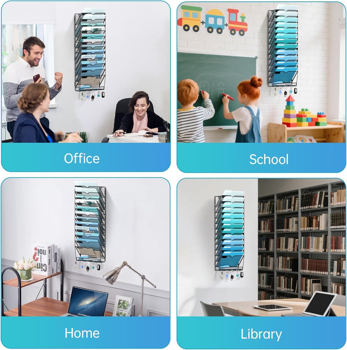 5 Tier Wall File Organizer - Hanging File Organizer with 5 Hooks, Mail Holder Wall Mounted for Papers, Folders, Magazines, Bills, Office&School Organization, Black