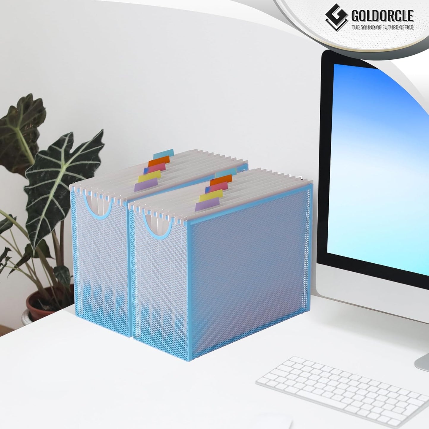 Hanging File Organizer, Letter-Size File Holder Filing Box with 5 Hanging Folders, Metal Mesh Desk File Folder Storage(No Assembly Required) (with 5 Grey Folders)