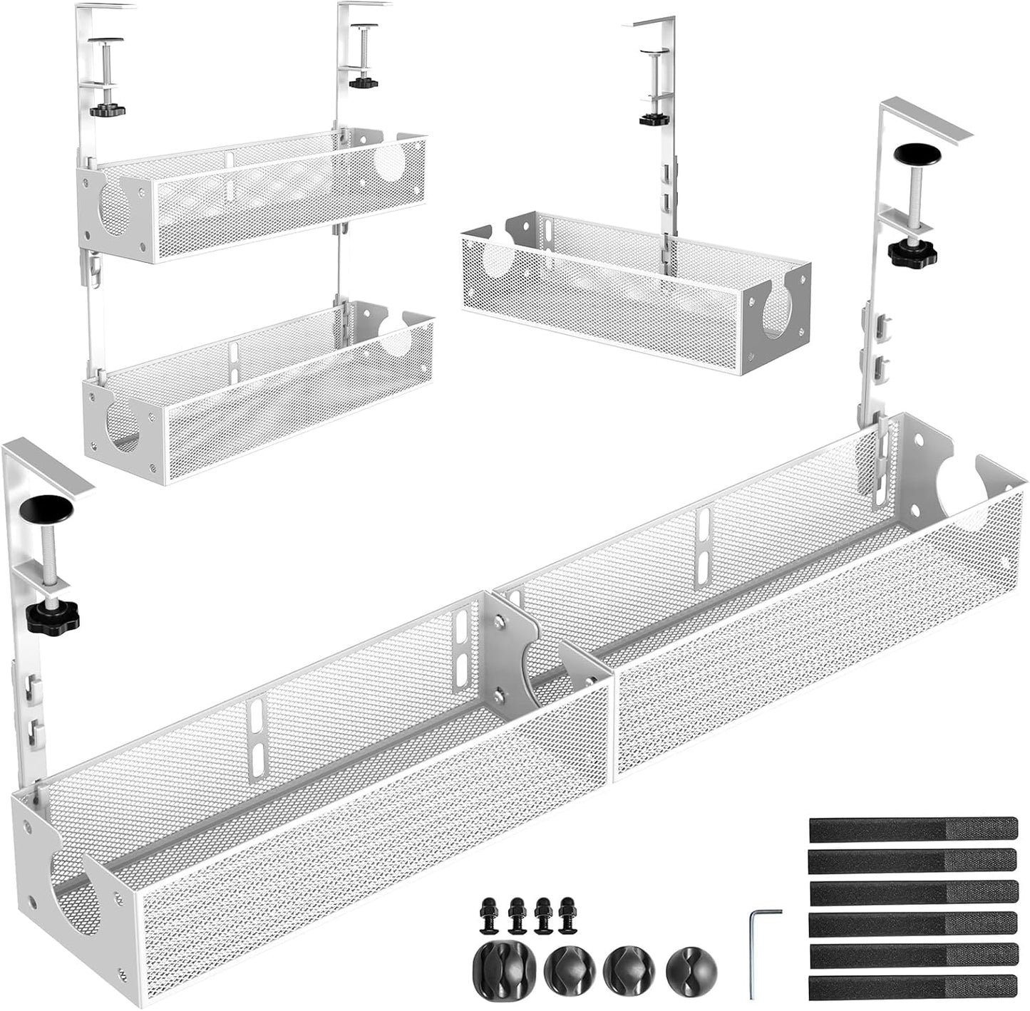 Multi-Model Under Desk Cable Management 2 Pack Metal Under Desk Wire Management Tray Clamp Mount Under Table Cord Management No Damage The Desk（White）