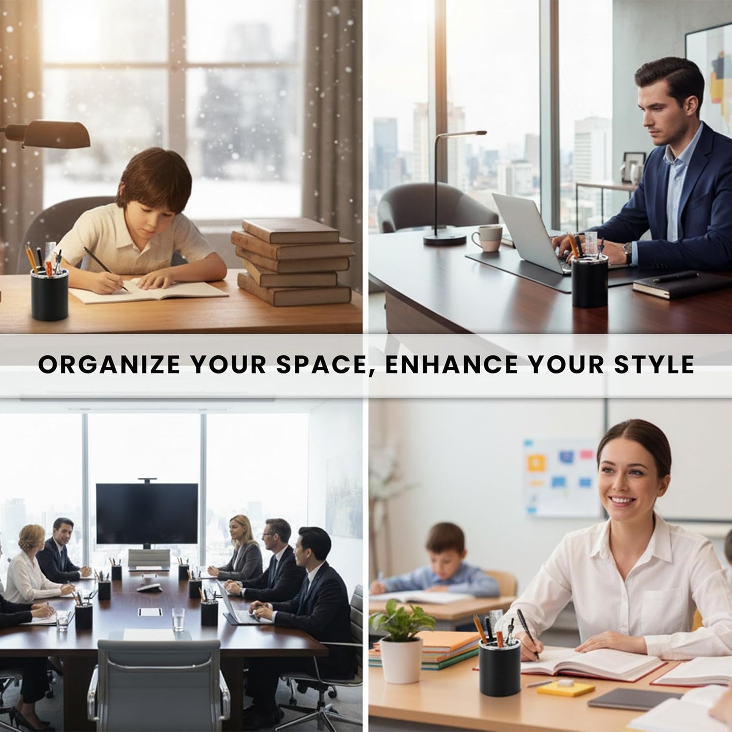 Black Pen Holder for Desk | 3 Compartment Organizer Desk for Pen, Pecils, Makeup Brushes, Tooth Brushes | Cute Pencil Cup Desk Organizers and Accessories for Office, Home, Classroom, Teacher Desks