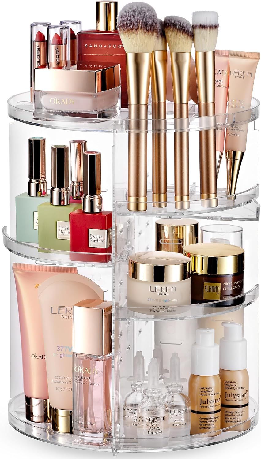 Masirs Small 360 Rotating Makeup Organizer - Mini Yet Spacious Cosmetic Storage Solution with Multiple Compartments - The Perfect Spinning Make-Up Caddy for Vanity or Bathroom Counter (Round - Clear)