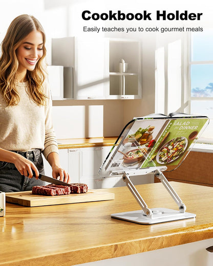 BYMECOST Acrylic Book Stand for Reading, Adjustable Book Holder with 360° Rotating Base & Elastic Page Clips, Foldable Desktop Riser Stand for Cookbook,Laptop,Tablet,Music Scores,Recipe,Textbook