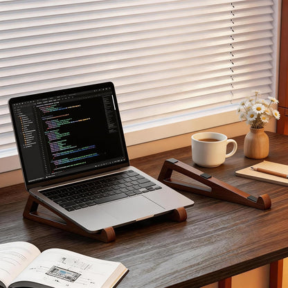 Bamboo Wooden Laptop Stand, Portable Wood Laptop Stand for Desk Tablet with Carry Pouch, Compact Travel Laptop Stand with Protective Silicone Pads, Suitable for Laptops and Tablets